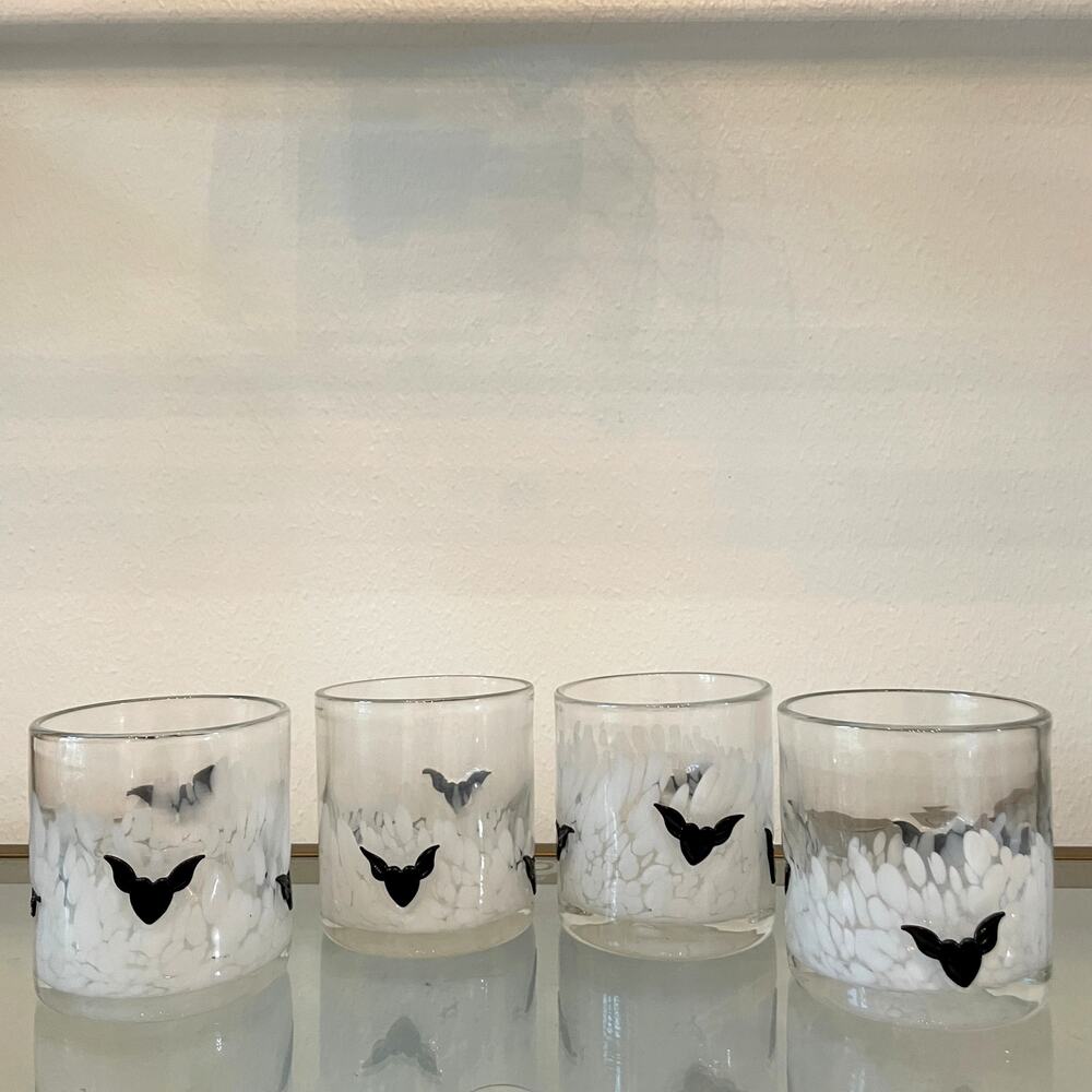 Set of 4 BLACK BAT Double Old Fashioned Glasses 4in Halloween Barware New